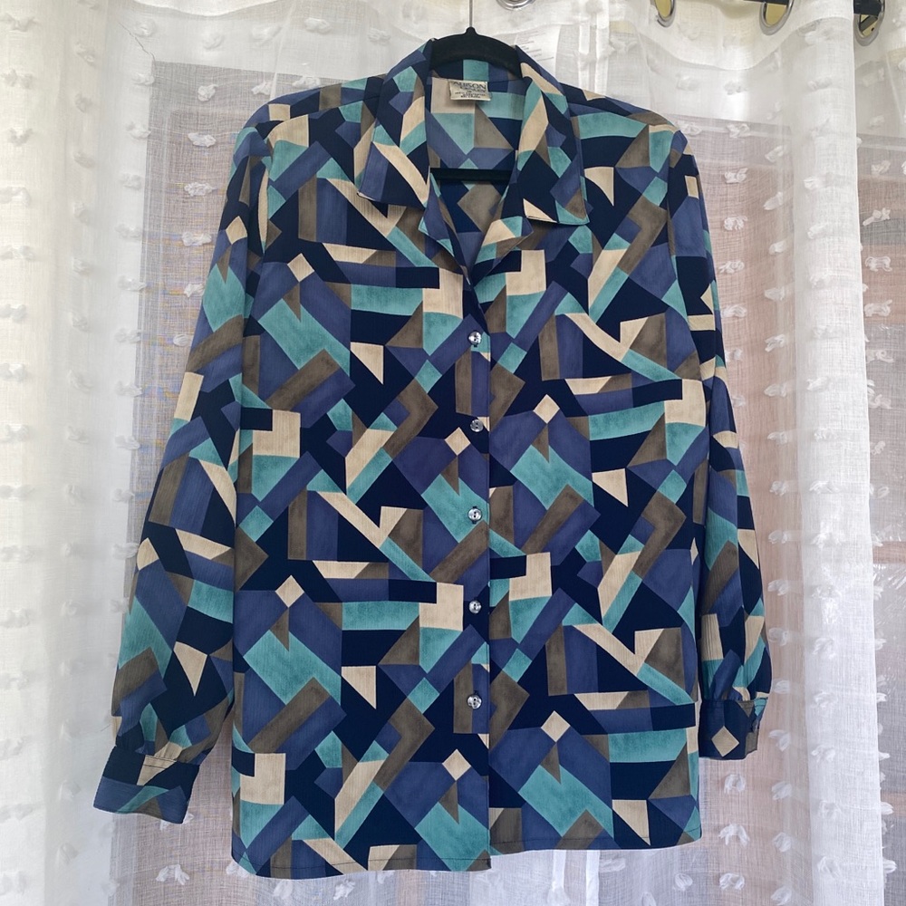 Turquoise Geometric Print Blue Blouse